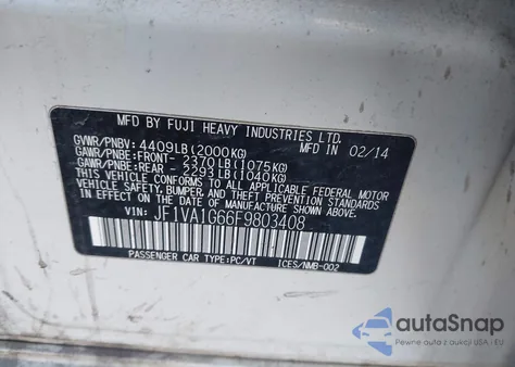 2015 Subaru Wrx Limited z USA, uszkodzony, nr VIN JF1VA1G66F9803408